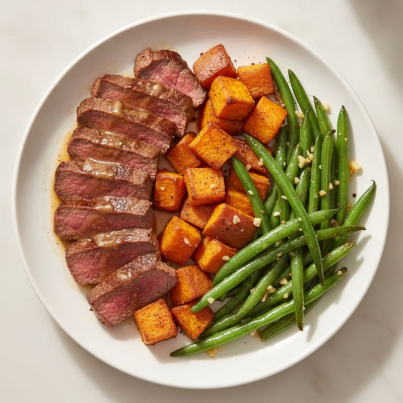 Seared Lean Beef Strips with Roasted Sweet Potatoes and Green Beans