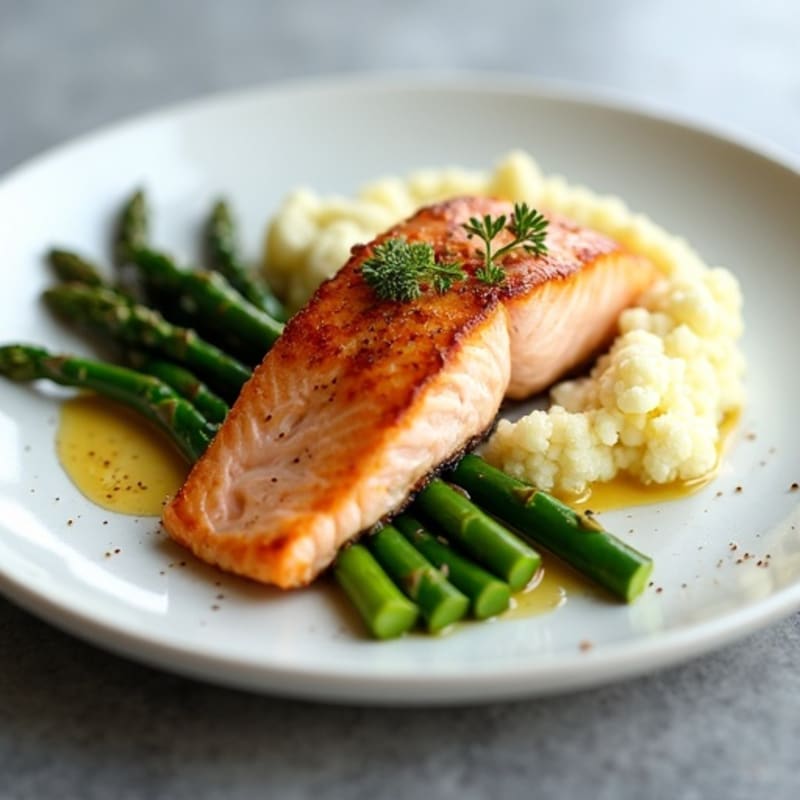 Seared Salmon with Steamed Asparagus and Garlic Mashed Cauliflower