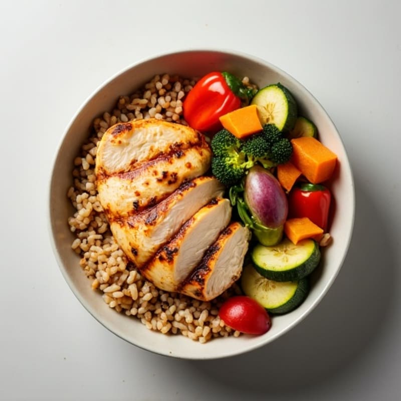 Grilled Chicken and Roasted Vegetable Grain Bowl with Brown Rice