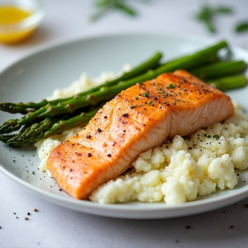 Seared Salmon with Steamed Asparagus and Cauliflower Mash
