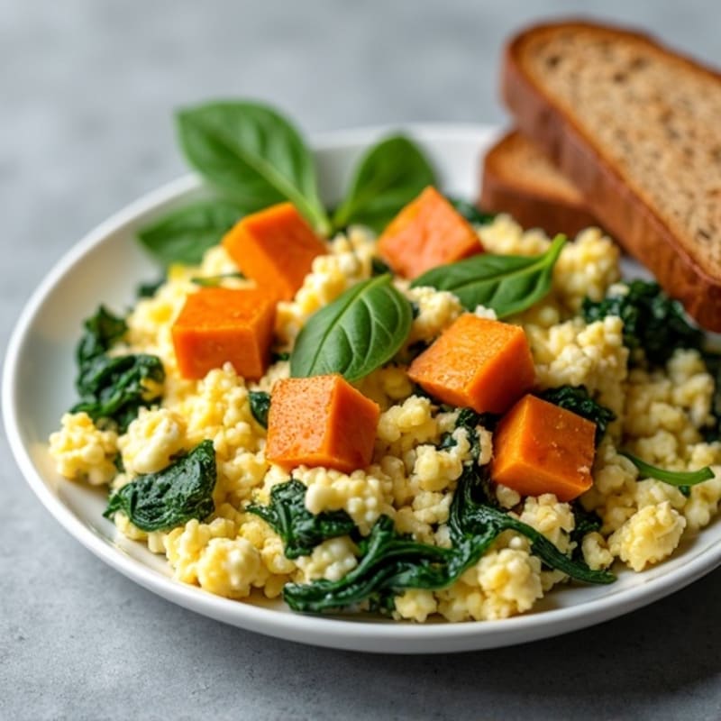 Cottage Cheese Scramble with Spinach and Roasted Sweet Potato