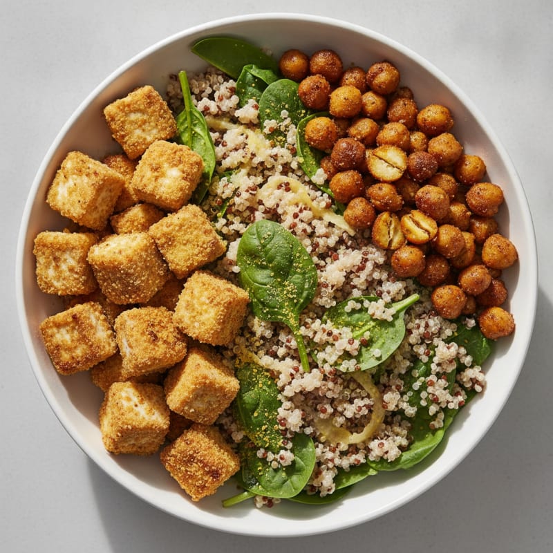 Crispy Tofu and Quinoa Power Bowl with Roasted Chickpeas