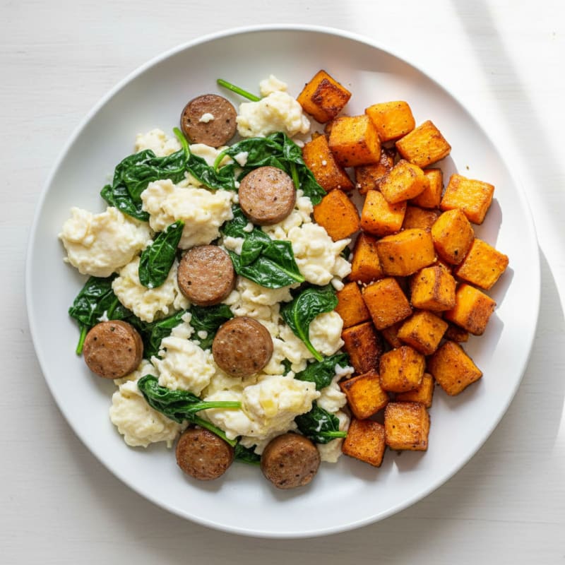 Egg White and Turkey Sausage Scramble with Spinach and Roasted Sweet Potato