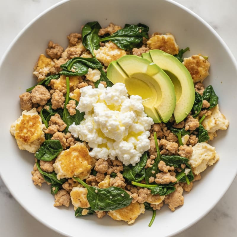 Egg White and Turkey Spinach Scramble with Cottage Cheese