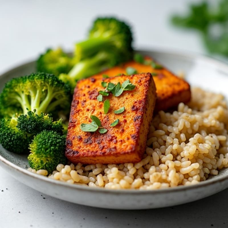 Crispy Baked Tofu with Roasted Broccoli and Brown Rice