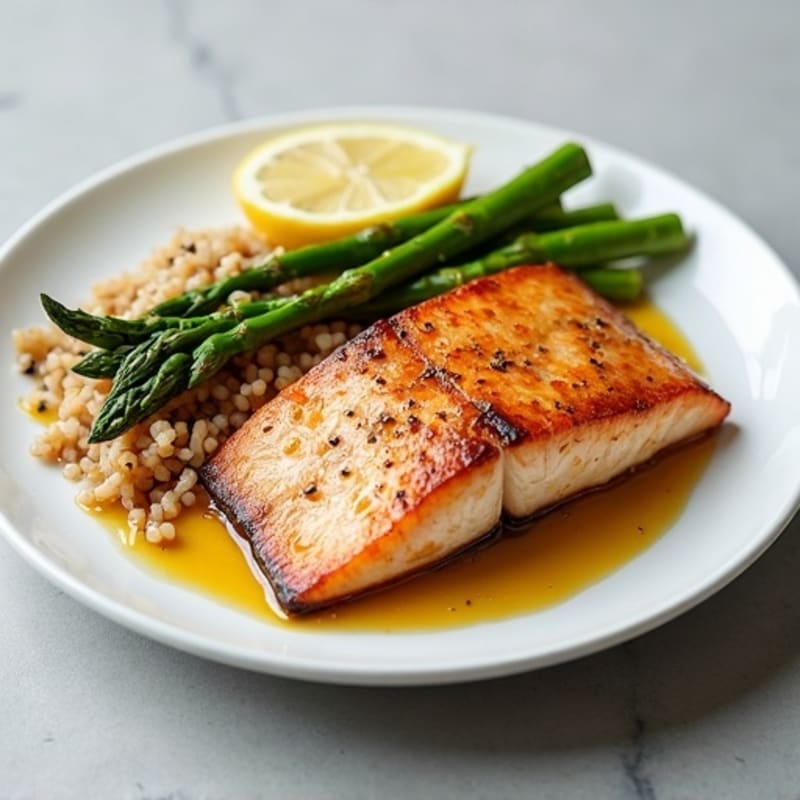 Seared Salmon Fillet with Steamed Asparagus and Brown Rice