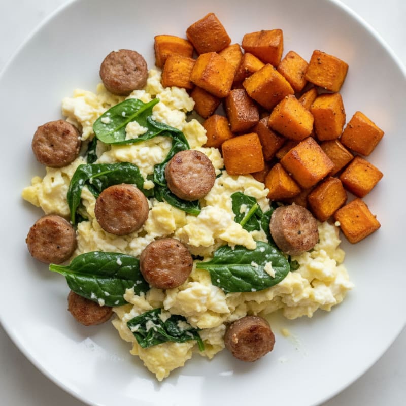 Egg White and Turkey Sausage Scramble with Roasted Sweet Potatoes
