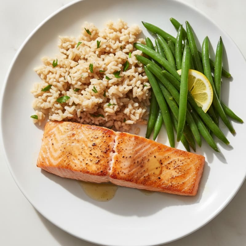 Seared Salmon with Steamed Green Beans and Herbed Brown Rice