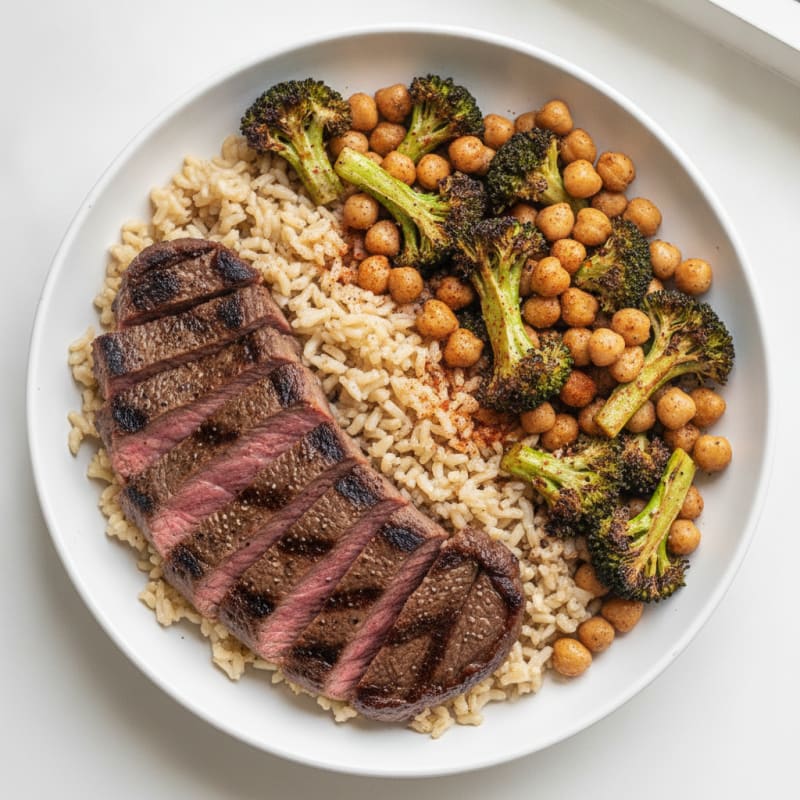 Grilled Steak and Brown Rice Bowl with Roasted Broccoli and Chickpeas