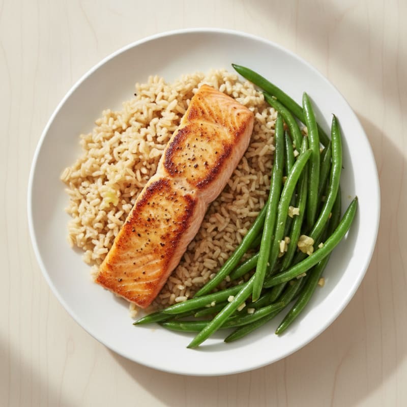 Seared Salmon with Garlic Green Beans and Brown Rice