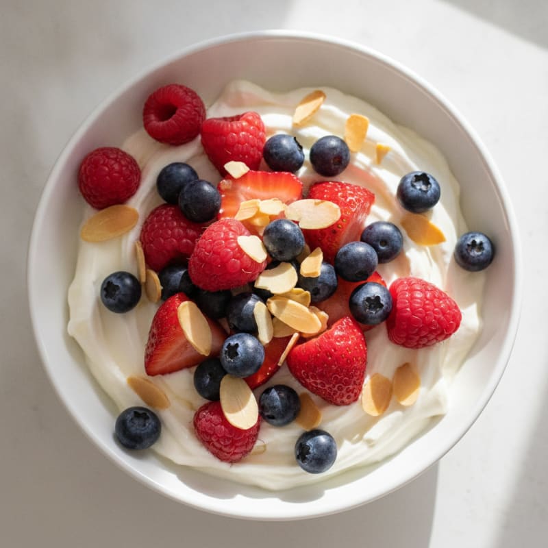 Silky Vanilla Protein Yogurt with Mixed Berries and Almonds