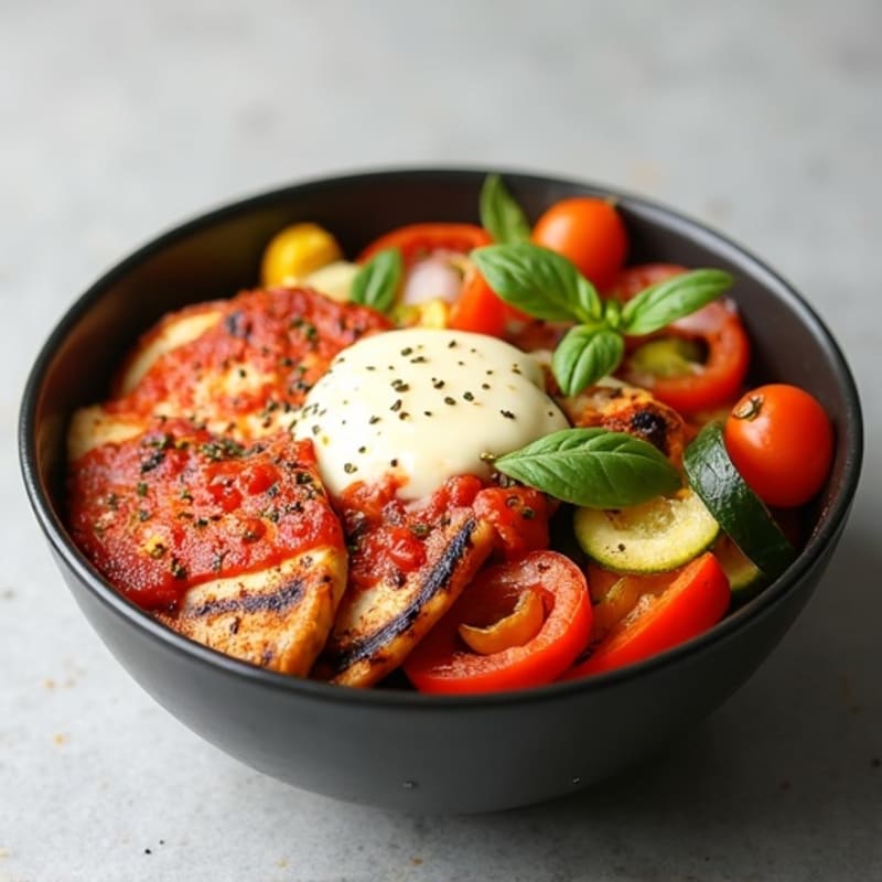 Chicken Pizza Bowl with Roasted Vegetables and Melty Mozzarella