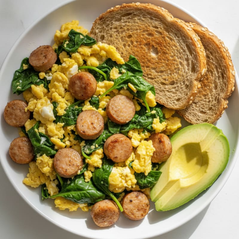Chicken Sausage and Spinach Egg Scramble