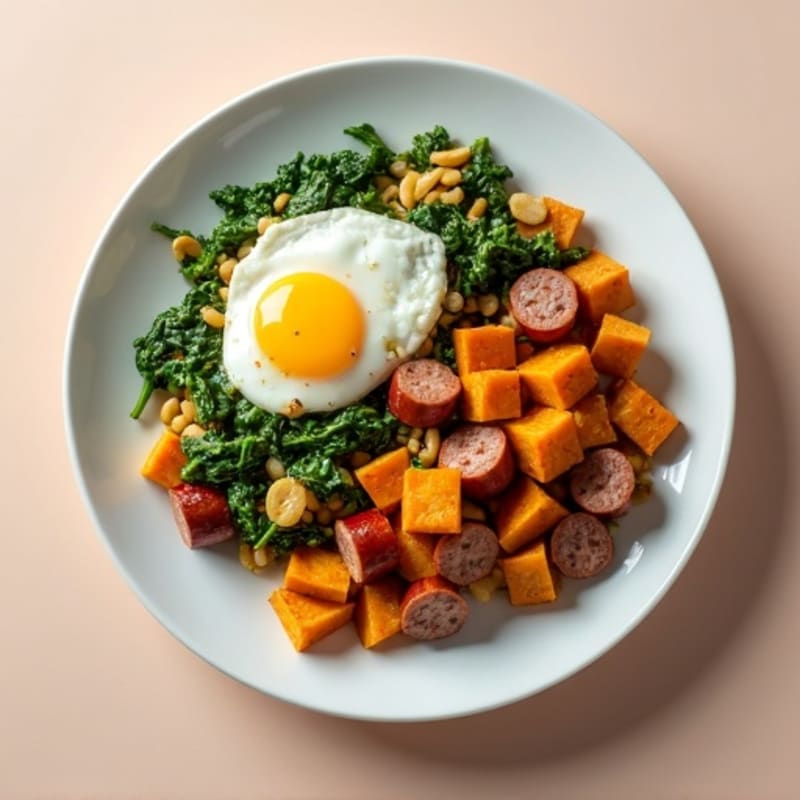 Egg White and Turkey Sausage Scramble with Spinach and Sweet Potato