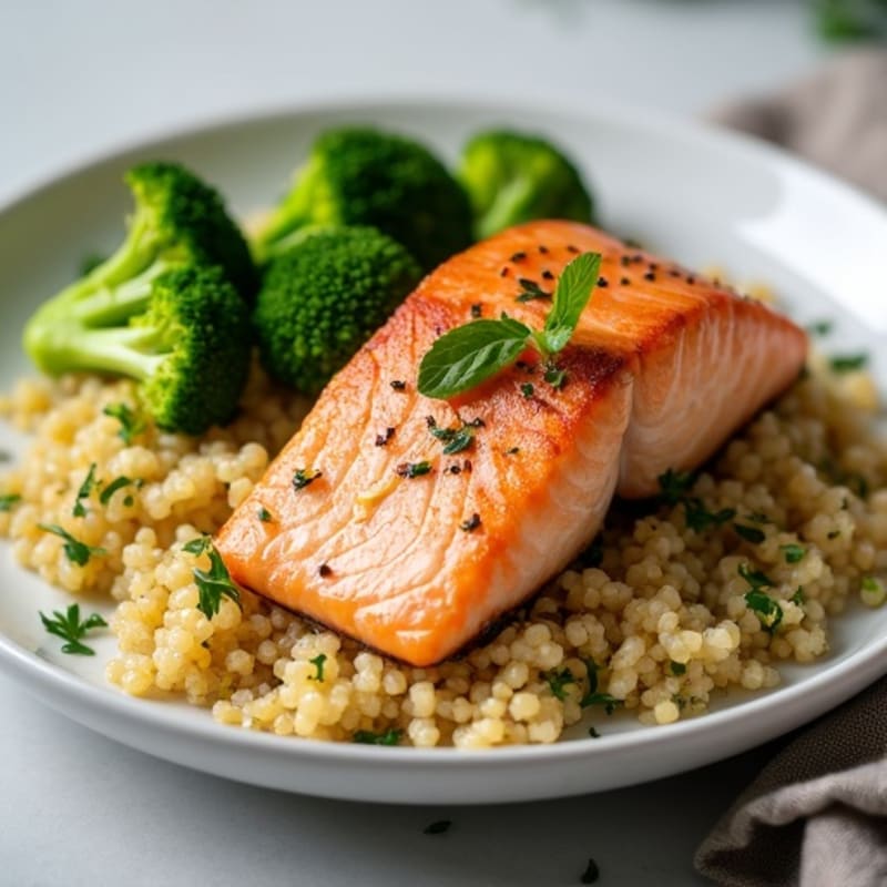 Seared Salmon with Steamed Broccoli and Quinoa