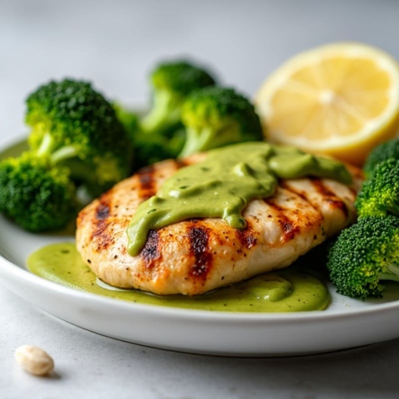 Grilled Citrus-Garlic Chicken Breast with Roasted Broccoli and Avocado Drizzle