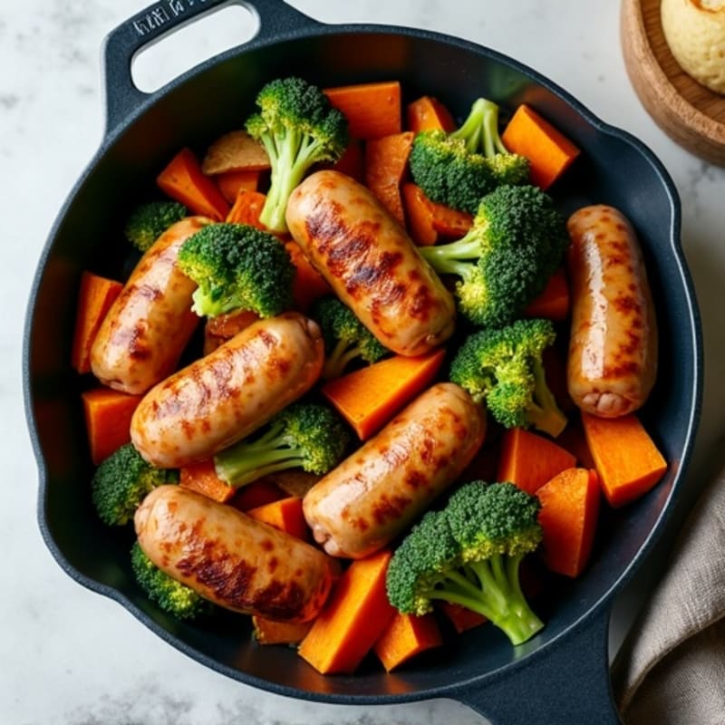 Hearty Skillet Chicken Sausage with Roasted Sweet Potatoes and Crispy Broccoli
