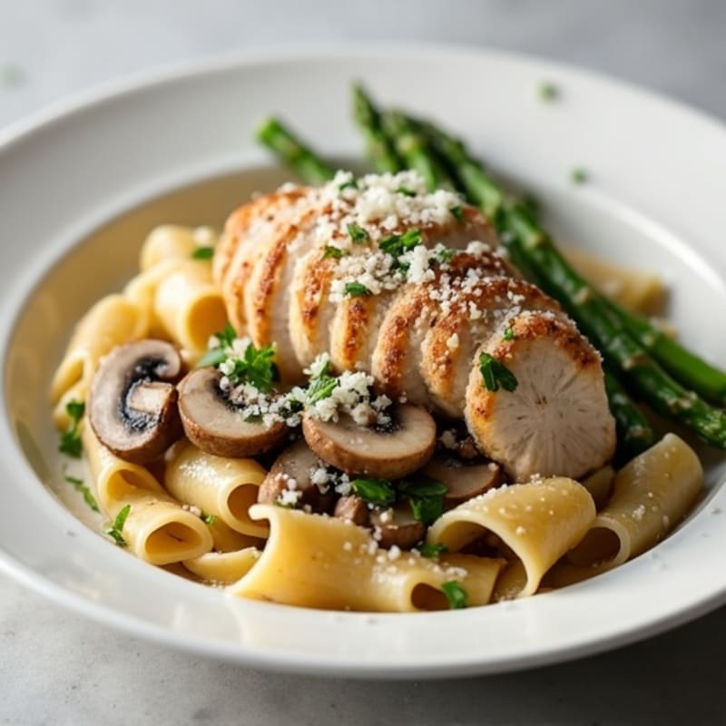 Creamy Truffle Mushroom Pasta with Roasted Asparagus
