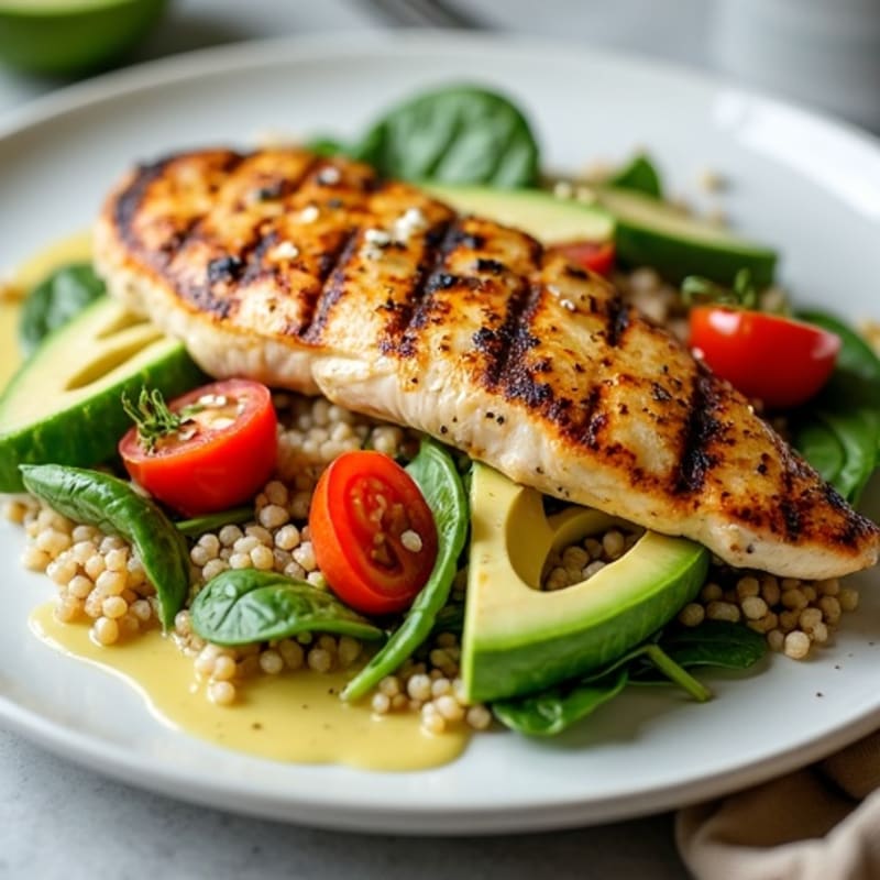Grilled Chicken Breast with Quinoa Spinach Salad and Lemon Tahini Dressing