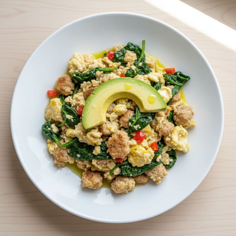 Egg White Scramble with Turkey Sausage and Sautéed Spinach