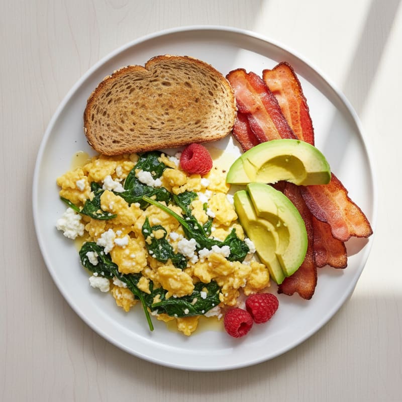 Cottage Cheese Scramble with Spinach and Turkey Bacon