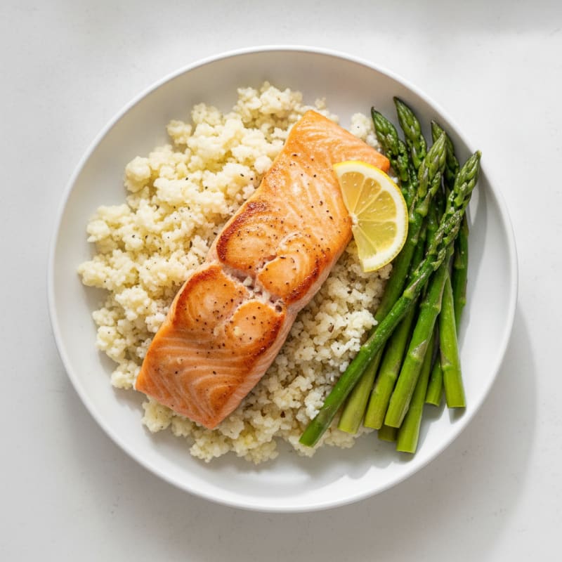 Seared Salmon with Steamed Asparagus and Cauliflower Rice