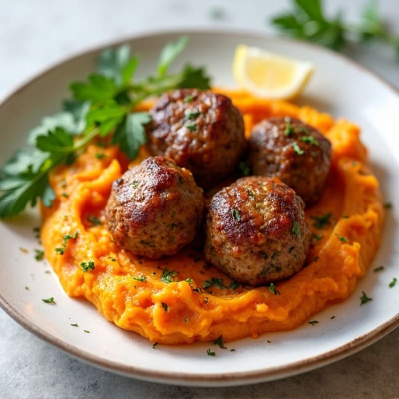 Lean Turkey Meatballs with Roasted Sweet Potato Mash