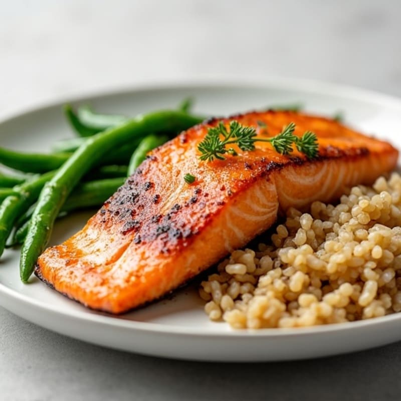Seared Salmon Fillet with Garlic Green Beans and Brown Rice
