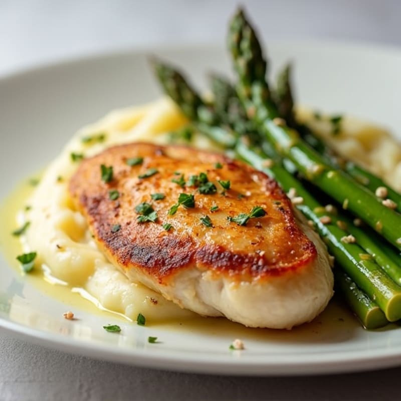 Pan-Seared Chicken with Creamy Buttery Garlic Mashed Potatoes and Roasted Asparagus