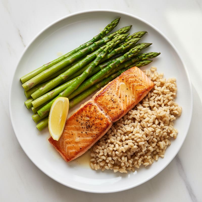 Seared Salmon with Steamed Asparagus and Brown Rice