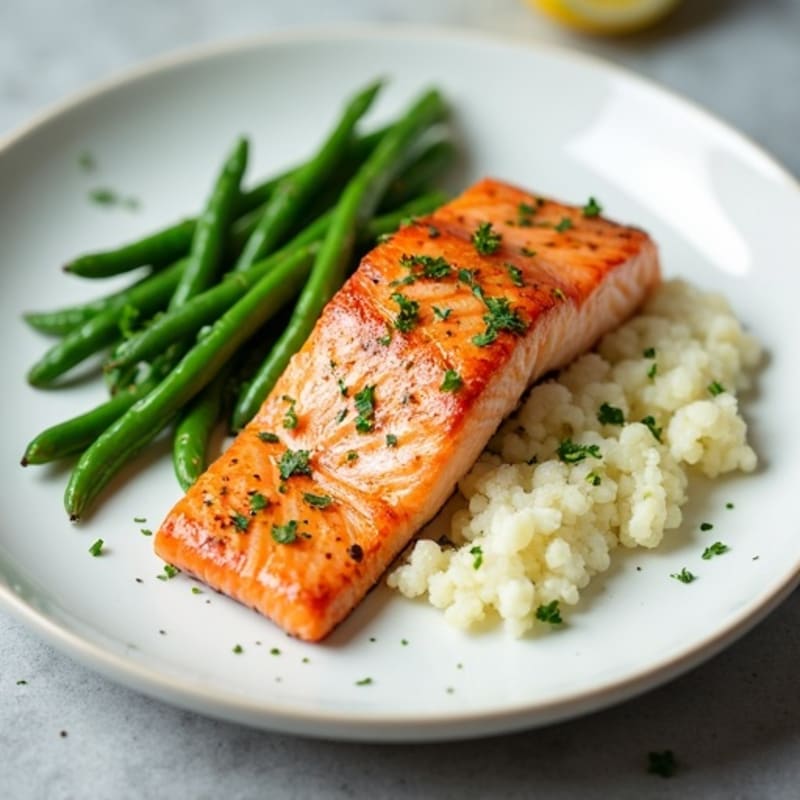 Seared Salmon with Garlic Green Beans and Cauliflower Mash