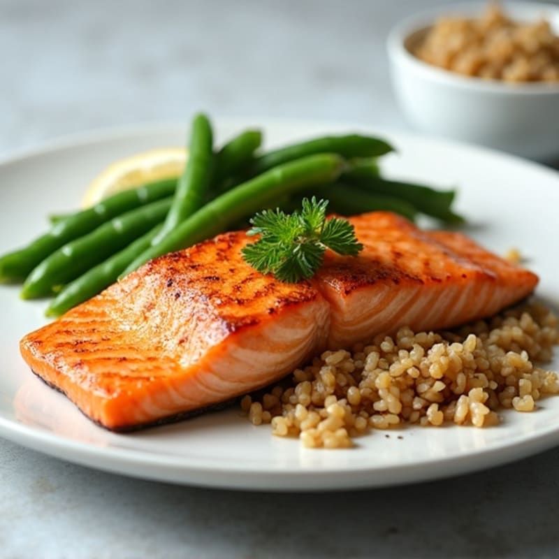 Seared Salmon Fillet with Steamed Green Beans and Brown Rice
