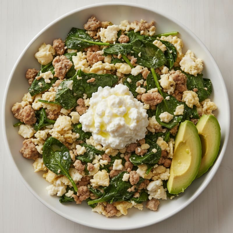 Egg White and Turkey Spinach Scramble with Cottage Cheese