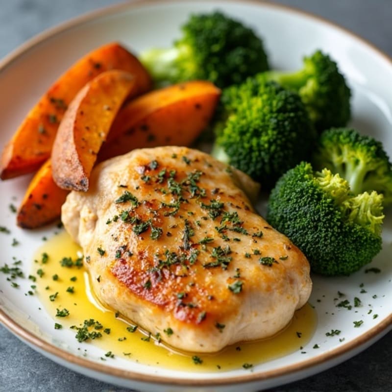 Lemon Herb Roasted Chicken with Crispy Broccoli and Sweet Potato Wedges