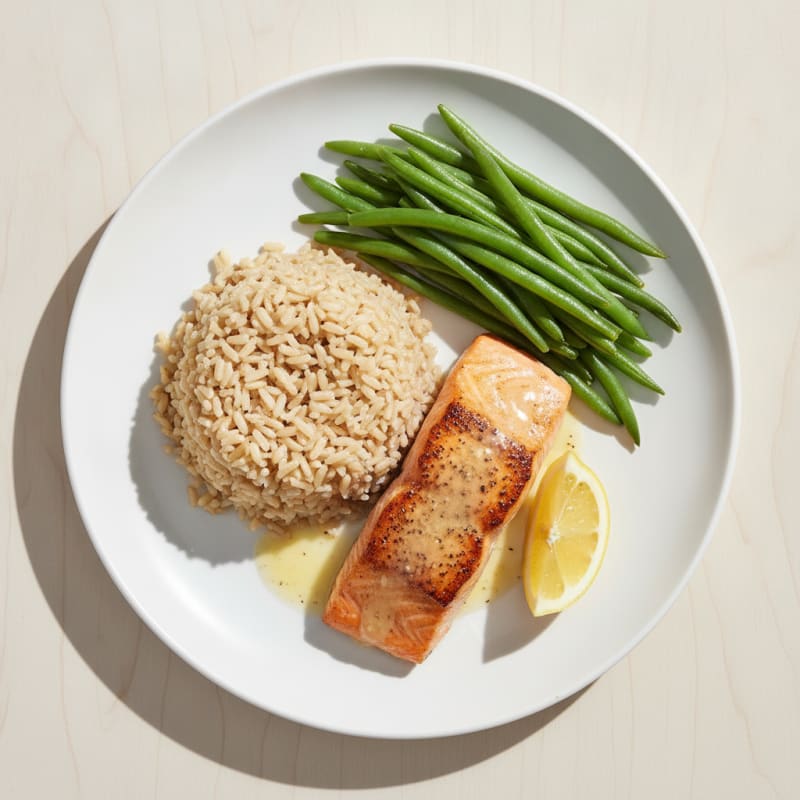Seared Salmon with Steamed Green Beans and Brown Rice