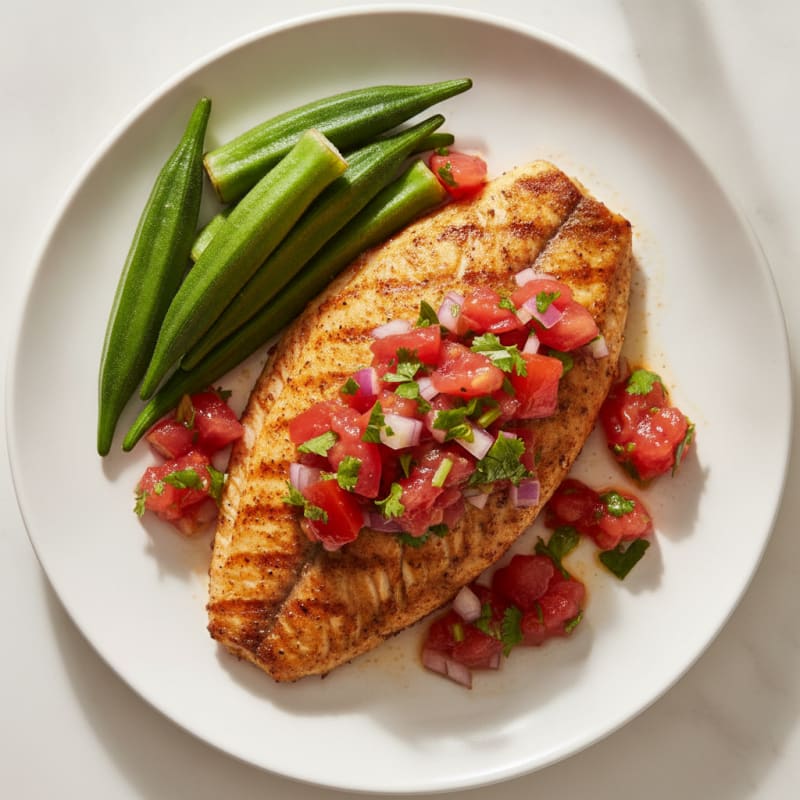Grilled Tilapia with Tomato-Onion Relish and Steamed Okra