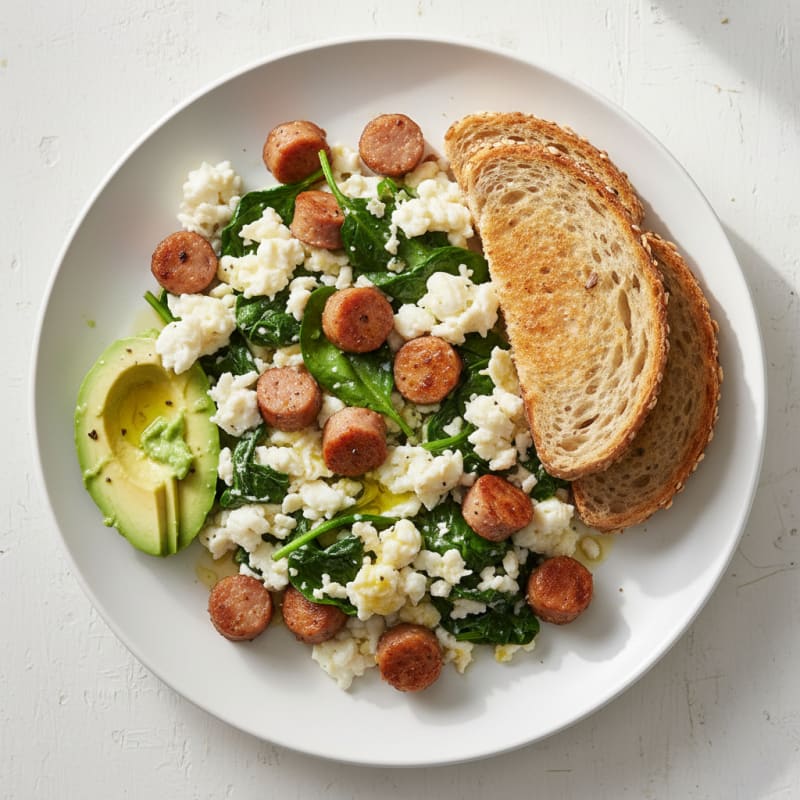 Crispy Turkey Sausage and Egg White Scramble with Spinach