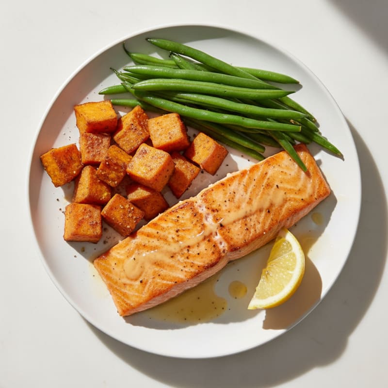 Seared Salmon with Roasted Sweet Potatoes and Green Beans
