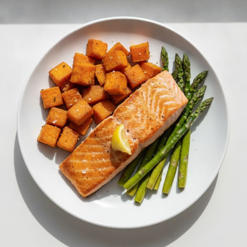 Seared Salmon with Roasted Sweet Potatoes and Asparagus