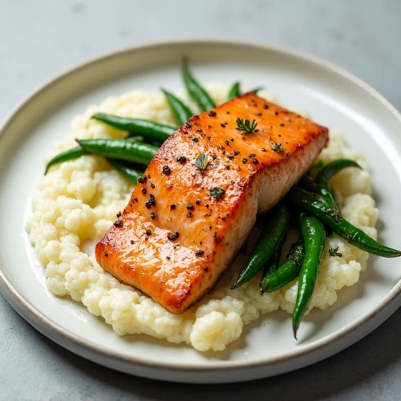 Seared Salmon with Garlic Green Beans and Cauliflower Mash