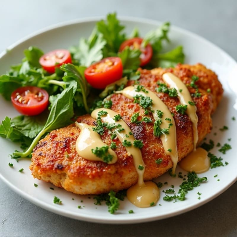 Crispy Roasted Garlic-Lemon Chicken with Creamy Tahini Sauce and Fresh Herb Salad