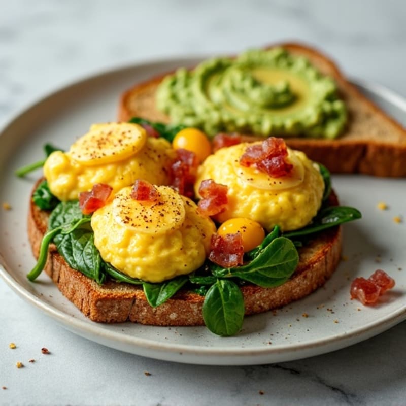 Scrambled Eggs with Crispy Bacon, Fresh Spinach, and Creamy Avocado Toast