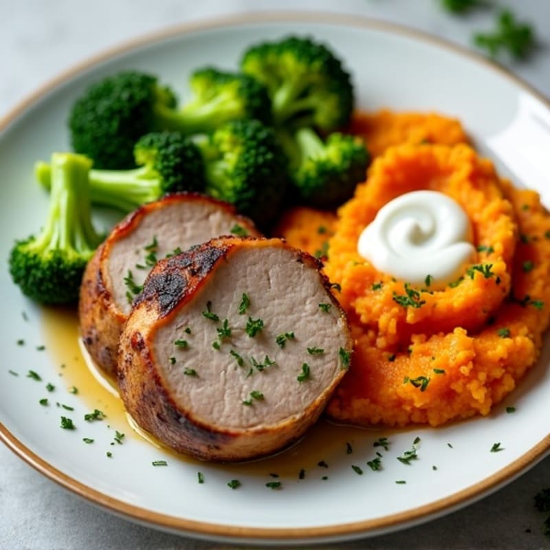 Herb-Roasted Pork Tenderloin with Steamed Broccoli and Sweet Potato Mash