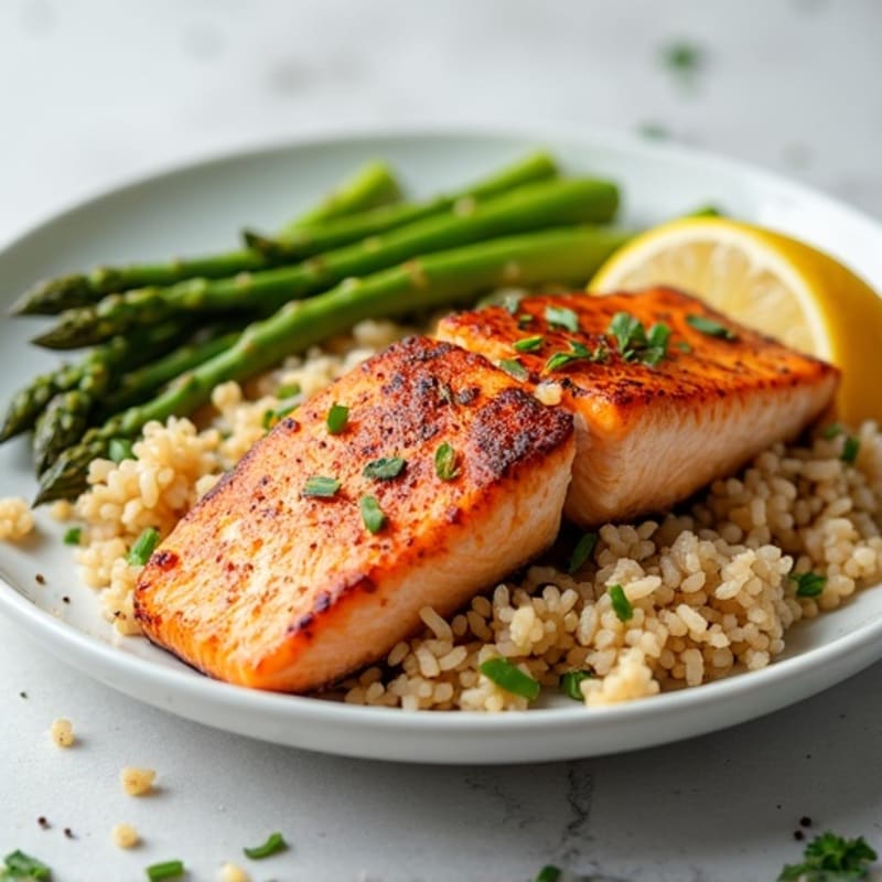 Seared Salmon Fillet with Steamed Asparagus and Brown Rice