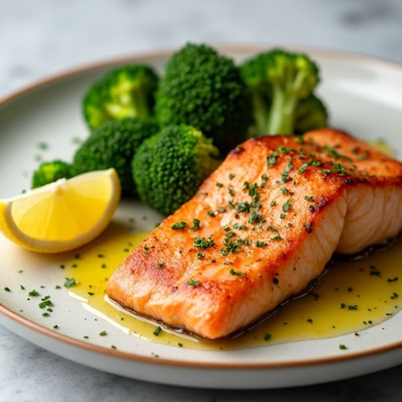 Seared Salmon with Steamed Broccoli and Lemon