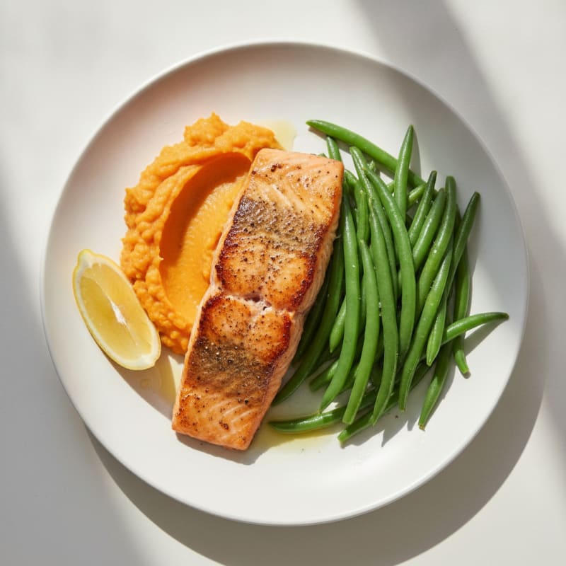 Seared Salmon Fillet with Steamed Green Beans and Sweet Potato Mash