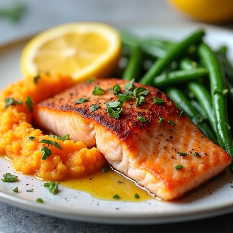 Seared Salmon with Steamed Green Beans and Sweet Potato Mash