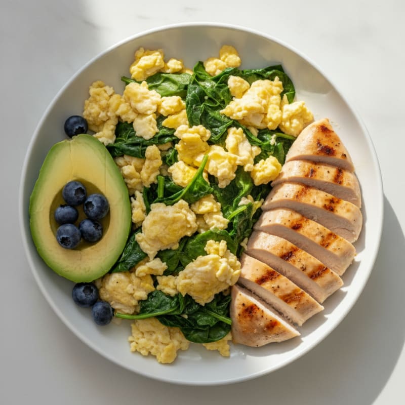 Scrambled Eggs with Spinach and Grilled Chicken Breast