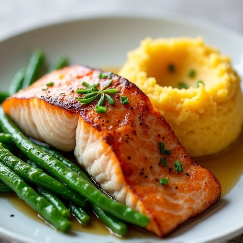 Seared Salmon with Garlic Green Beans and Mashed Sweet Potato