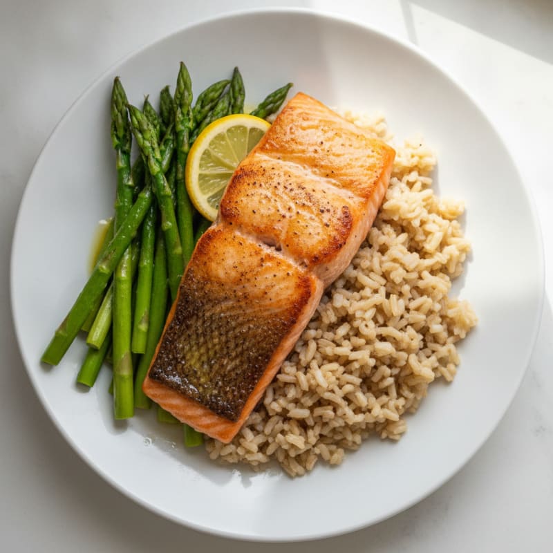 Seared Salmon with Steamed Asparagus and Brown Rice